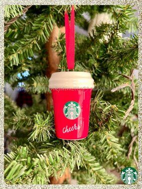 🎄☕ NIB/NWT 2025 Starbucks Ceramic "Cheers" Red Cup Christmas Tree Ornament